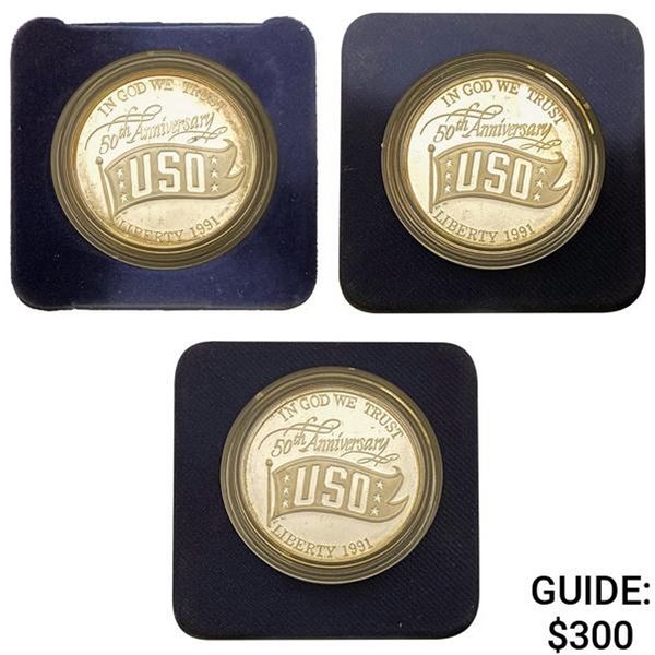 [3] 1991 Gem Proof USO Commem. Silver Dollars [3 Coins]