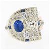 Image 4 : Antique Retro 14K Gold 3.65 ctw Bezel GIA Cushion Diamond & Sapphire Cocktail Ri