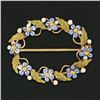 Antique 14K Gold Enamel Flower Seed Pearl & Textured Leaf Oval Wreath Brooch Pin