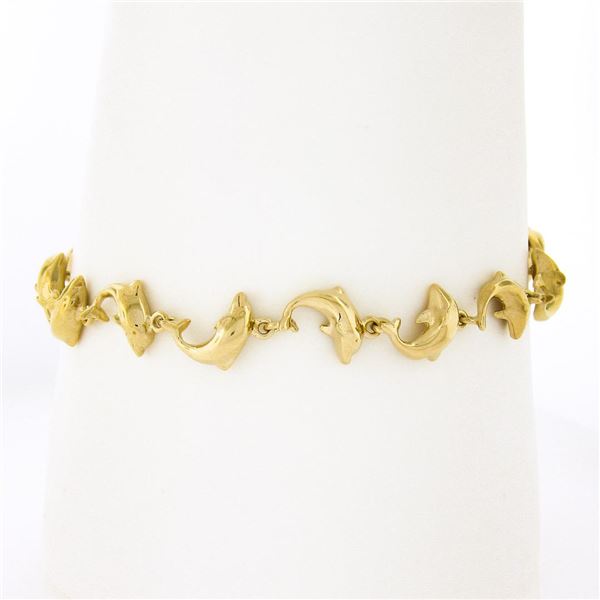 Cute Unique 14k Yellow Gold 7" 8.7mm 3D Polished Dolphin Link Chain Bracelet