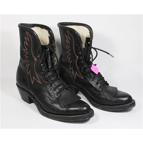 BLACK LEATHER BOOTS, NO SIZE MARKED, LOOK TO BE