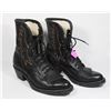 Image 1 : BLACK LEATHER BOOTS, NO SIZE MARKED, LOOK TO BE