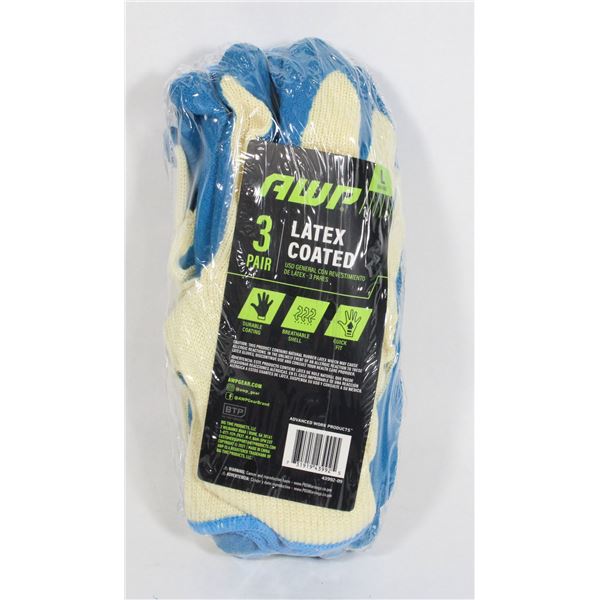NEW 3 PAIR PACK OF AWP LATEX COATED WORK GLOVES
