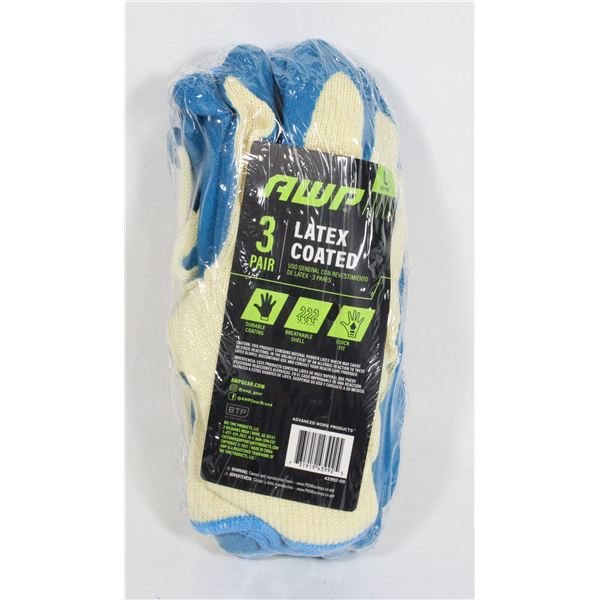 NEW 3 PAIR PACK OF AWP LATEX COATED WORK GLOVES