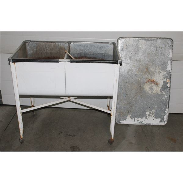 VINTAGE PORTABLE METAL SINK ON WHEELS CONVERTED TO