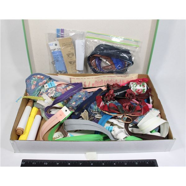 BOX OF ASSORTED SEWING SUPPLIES, ZIPPERS,