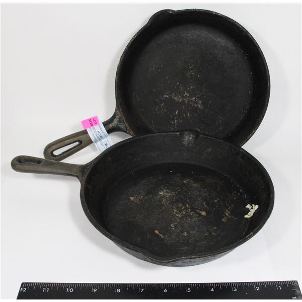 TWO CAST IRON FRYING PANS, APPROX 9.5" DIAMETER