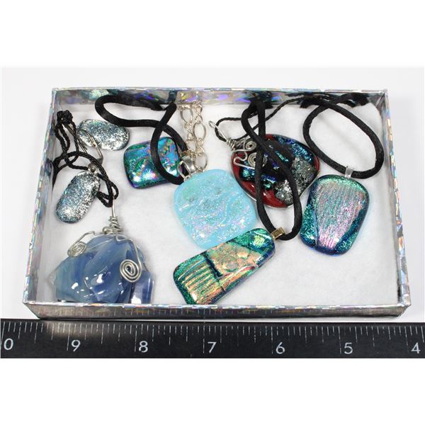 6 FUSED GLASS NECKLACES & 1 PR EARRINGS