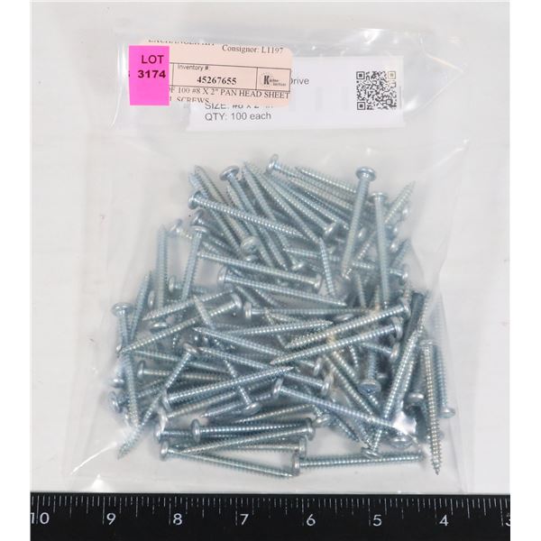 PKG OF 100 #8 X 2" PAN HEAD SHEET METAL SCREWS