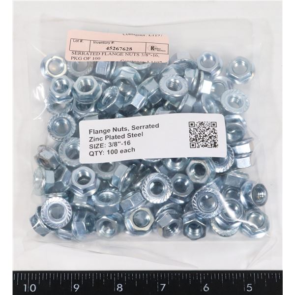 SERRATED FLANGE NUTS 3/8"-16, PKG OF 100