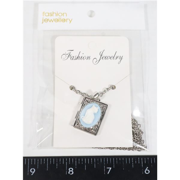 NEW CAMEO STYLE CAT BOOK LOCKET PENDANT AND
