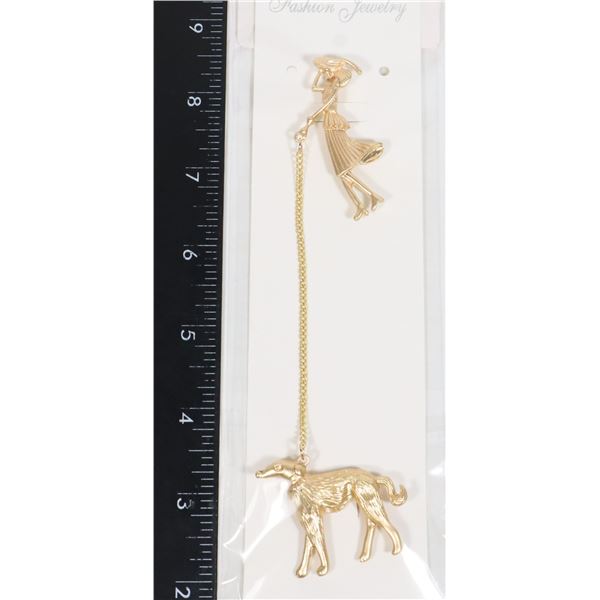 NEW GOLD TONE CHAIN LINKED LADY WALKING HER DOG