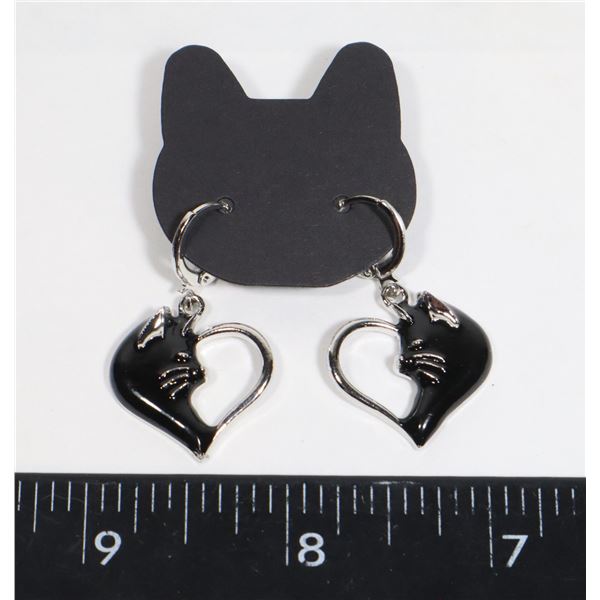 NEW SILVER TONE AND BLACK HEART CAT DROP EARRINGS