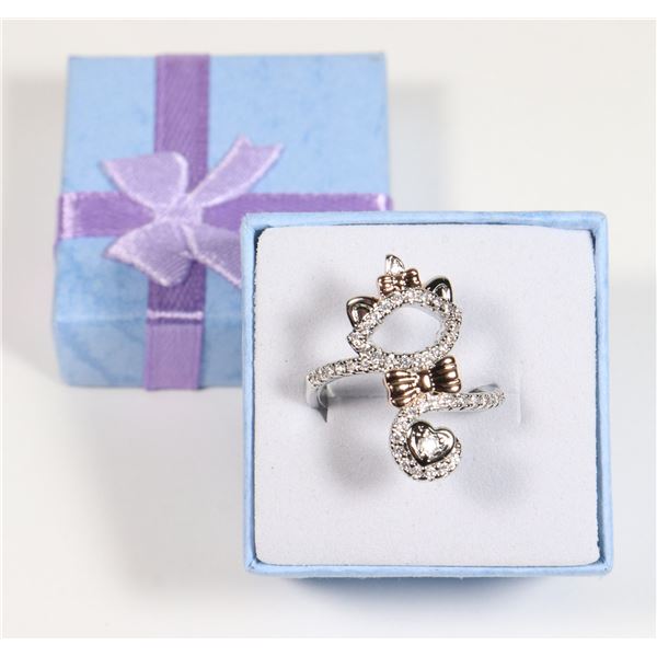 NEW SIZE 6 SILVER TONE KITTEN WITH BOWS RHINESTONE