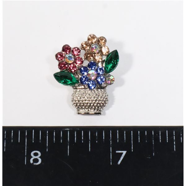 NEW SILVER TONE DAINTY RHINESTONE FLOWER POT