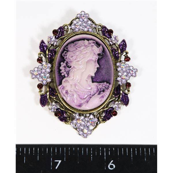 NEW ANTIQUE CAMEO STYLE PURPLE LADY BROOCH