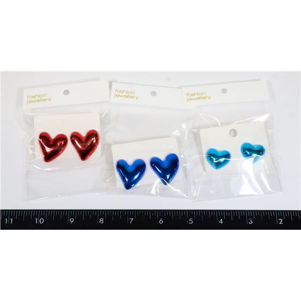 3 NEW PAIRS TURQUOISE, RED AND BLUE OF HEART