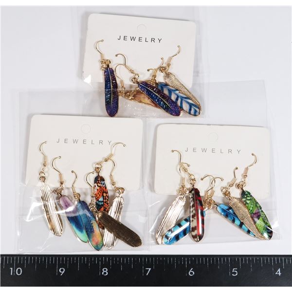 3 NEW SETS OF 3 ENAMEL FEATHER DESIGN DANGLE