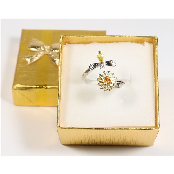 NEW 925 SILVER BEE AND SUNFLOWER SPINNER CUFF RING