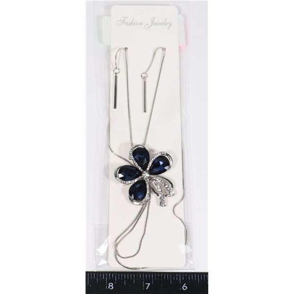 NEW SILVER TONE Y DESIGN BLUE RHINESTONE FLOWER