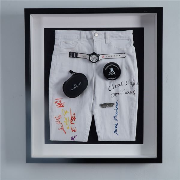 Framed Mixed Media Sports Memorabilia Display w/ NORQAIN Watch & NHLPA