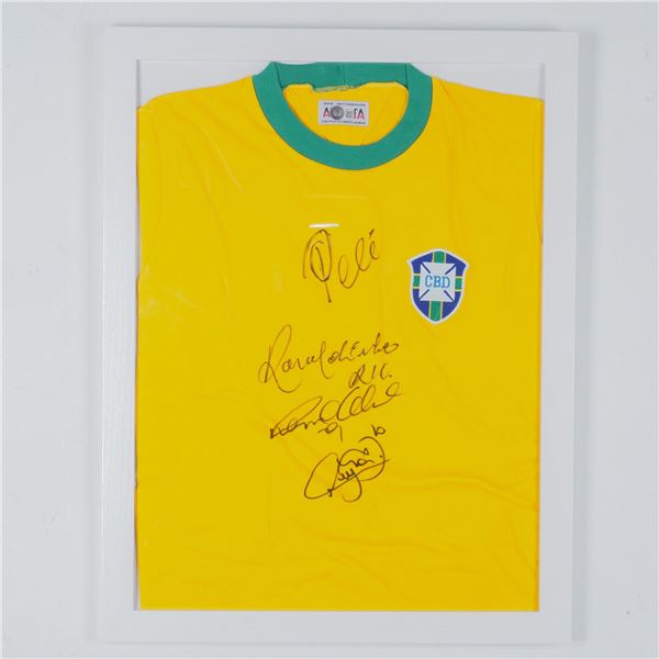 Framed Brazil National Team Jersey Signed by Pele, Ronaldinho & Others