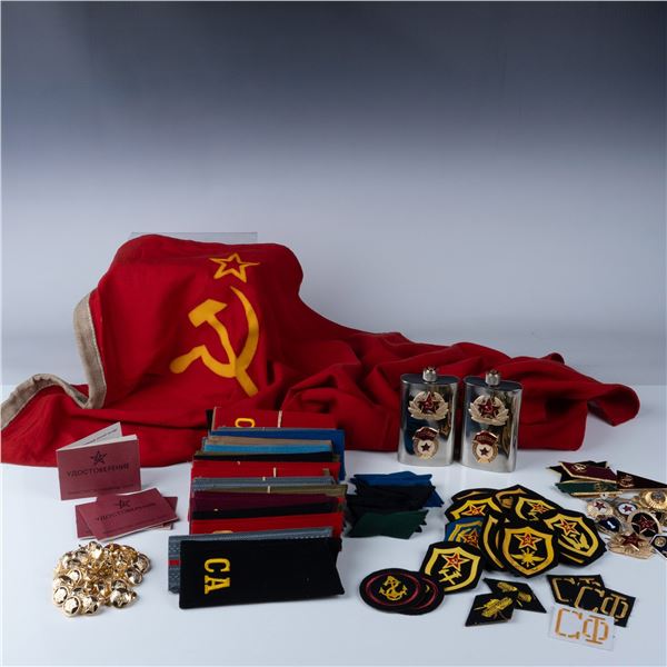 Soviet Memorabilia Including Flag, Patches, and More