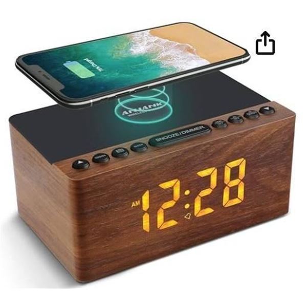 ANJANK Wooden Digital Alarm Clock FM Radio,10W Fast Wireless Charger Station for iPhone/Samsung Gala