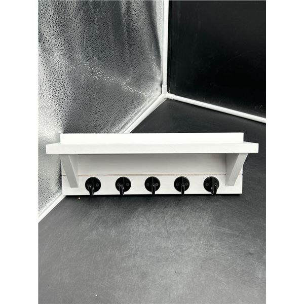 White Wooden Wall Shelf With Five Black Metal Hooks, 13 3/4 x 5 3/4 Inches