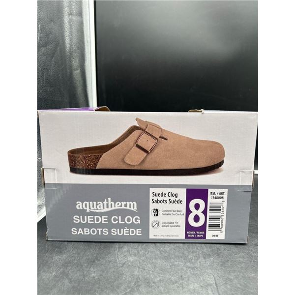 Aquatherm Suede Clog Size 8 Taupe With Adjustable Buckle