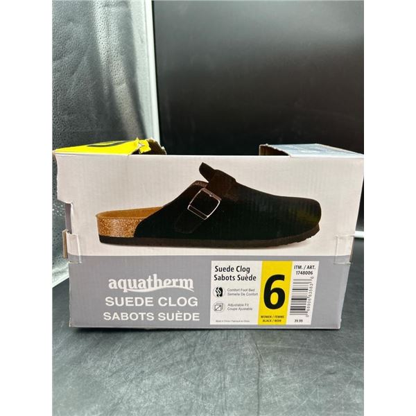 Aquatherm Suede Clog Women’s Size 6 Black with Adjustable Fit