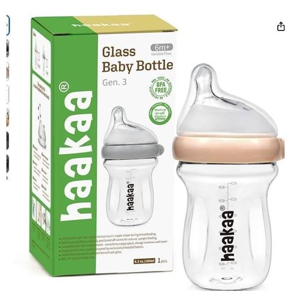 Haakaa Gen. 3 Glass Baby Bottle – 6 oz (180 ml) – BPA Free – Peach