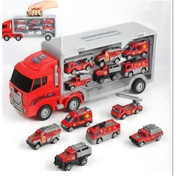 Red Toy Transport Truck With firetruck care & Lego style People