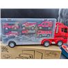Image 4 : Red Toy Transport Truck With firetruck care & Lego style People