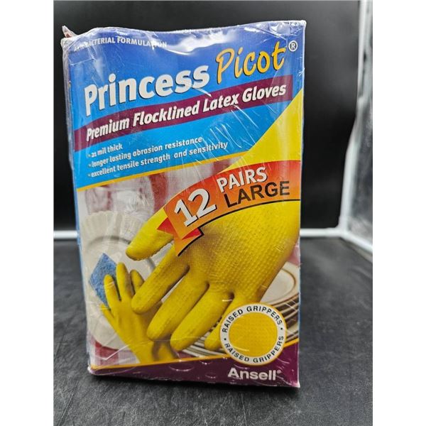 Princess Picot Premium Flocklined Latex Gloves, 12 Pairs, Large Size