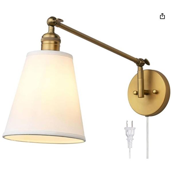 Industrial Wall Sconce with White Cloth Fabric Shade, Bedroom Bedsides Living Room Plug in Reading L
