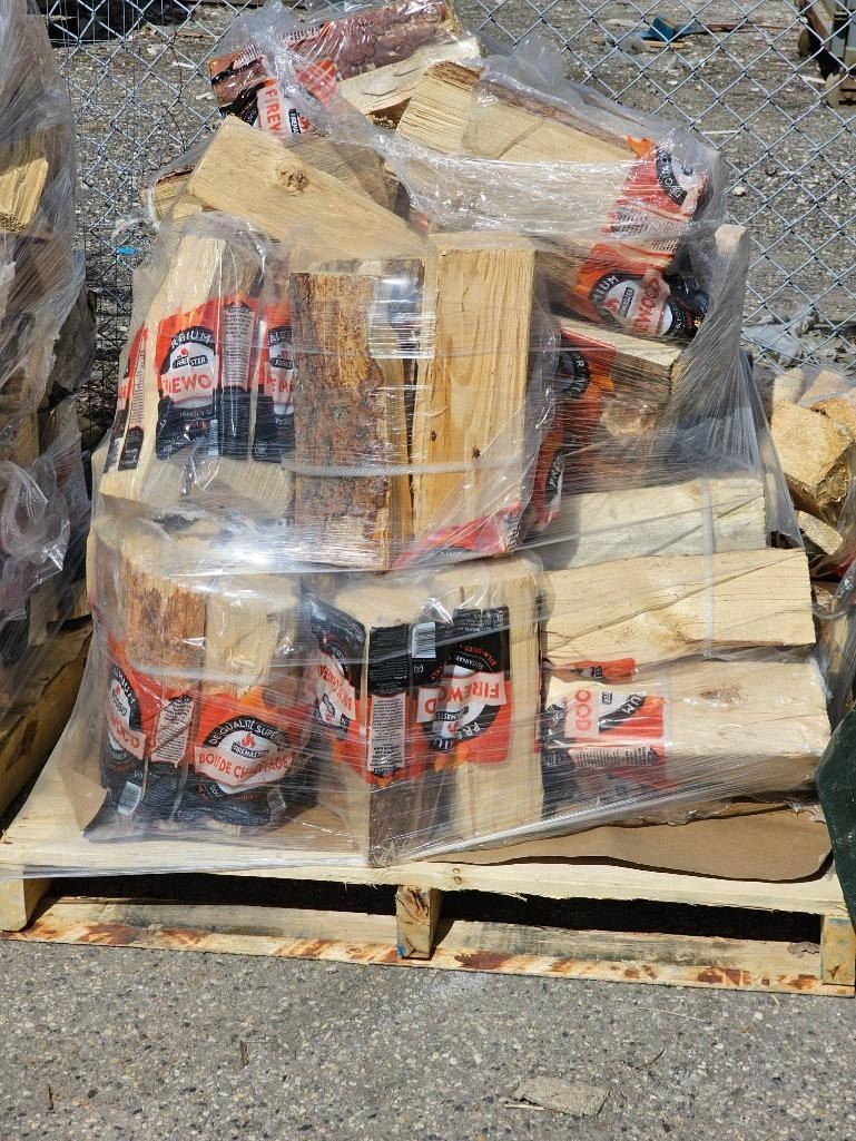 Pallet of Packaged Firewood Logs in Shrink Wrap