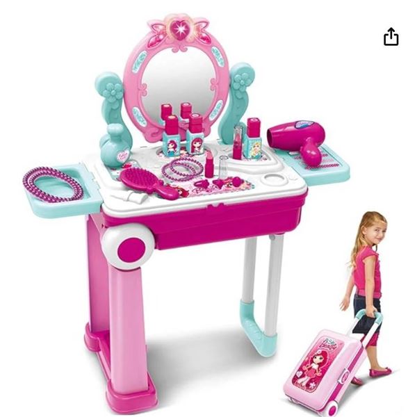 Pretend Play Makeup Toy Set Beauty Princess Dressing Table and Suitcase 2 in 1