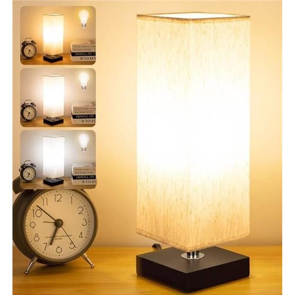 Soilsiu Beside Table Lamp-Bedroom 3-Way Dimmable Solid Wood Lamps with Modern Fabric Shade