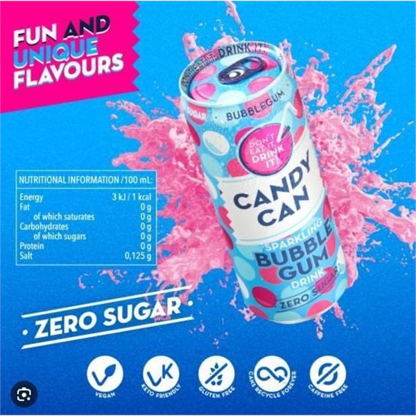 Candy Can Bubblegum Sparkling Drink 12x330mL Zero Sugar