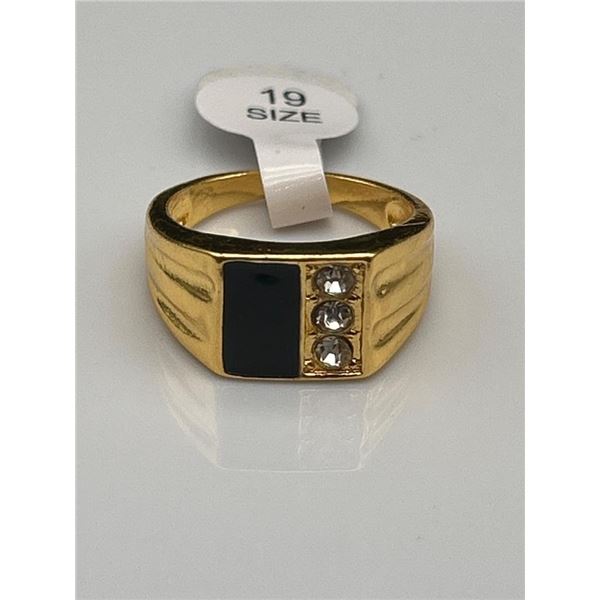 Gold-Tone Ring With Black Inlay and Three Clear Stones, Size 19