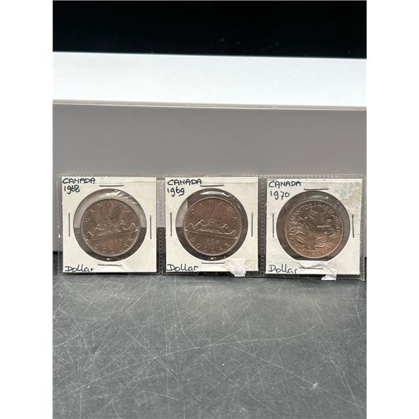 Set of Three Canadian Silver Dollars (1968, 1969, 1970)