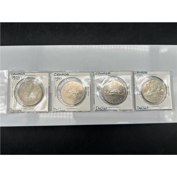 Set of Four Canadian Dollar Coins: 1979, 1980, 1981, and 1982