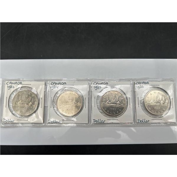 Set of 4 Canadian Silver Dollars (1983, 1984, 1985, 1986) with Protective Holders