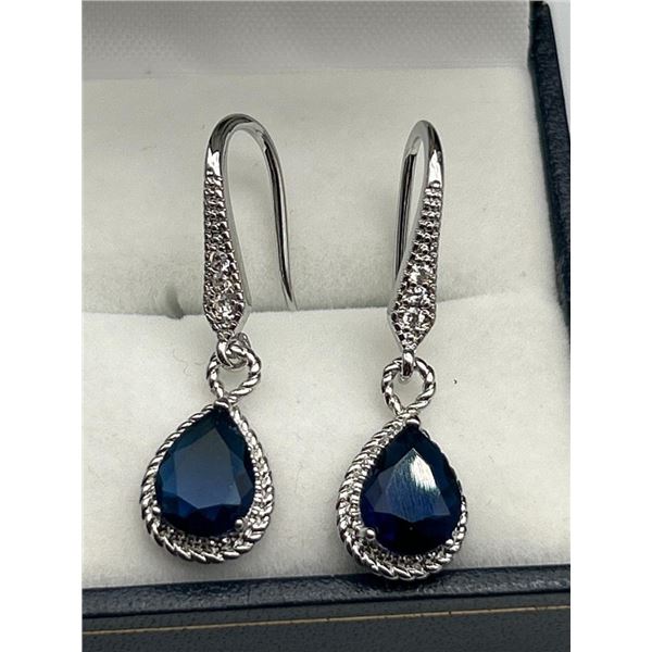 Pair of Drop Earrings with Sapphire-Like Stones and Silver-Toned Finish