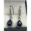 Image 1 : Pair of Drop Earrings with Sapphire-Like Stones and Silver-Toned Finish