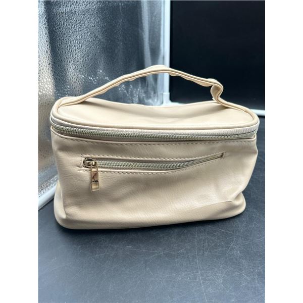 Small Beige Cosmetic Travel Bag With Zipper and Handle