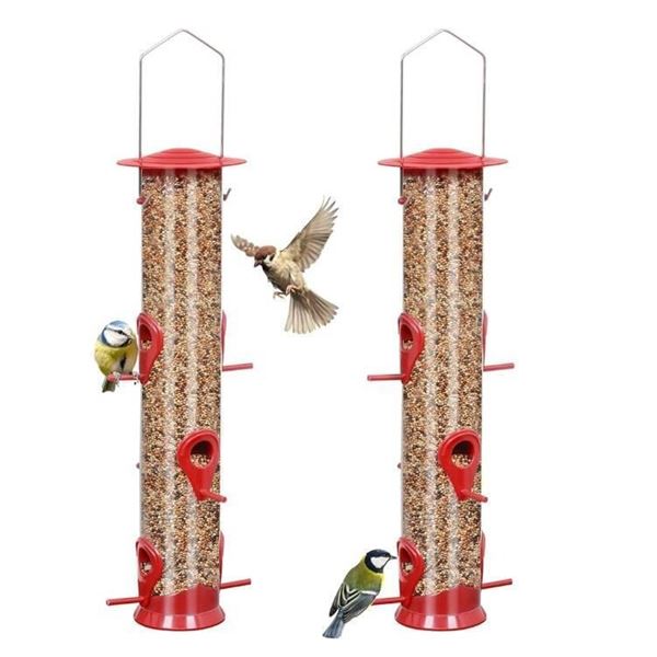 Set of Two Red and Transparent Bird Feeders With Multiple Perches and 6 Feeding Ports