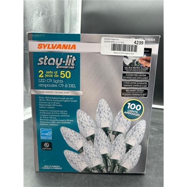 Sylvania Stay-Lit Platinum LED C9 Lights, 2 Sets of 50 Lights, Pure White