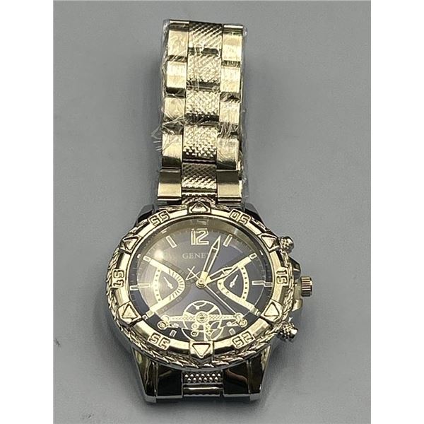 Gold-Tone Wristwatch With Blue Dial and Stainless Steel Bracelet